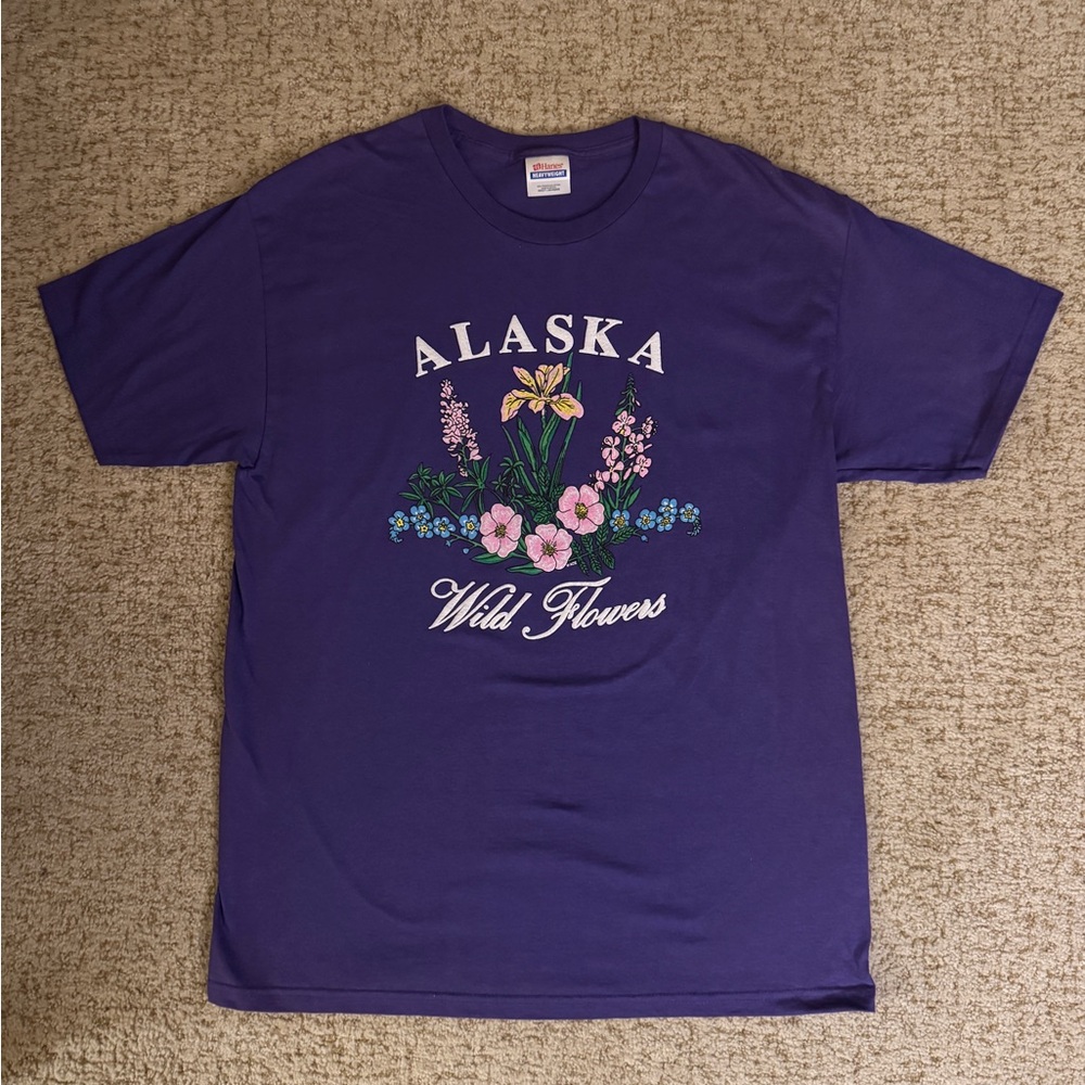 Vintage Hanes Heavyweight Purple Alaska Wild Flowers Tee Size Large
